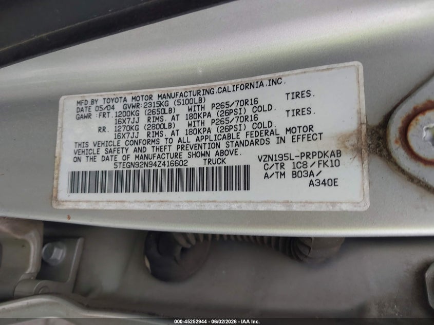 2004 Toyota Tacoma VIN 5TEGN92N94Z416602 IAAI salvage auction — FRONT & REAR, Salvage (North Carolina), sold $1,475 on 2026-07-16 (photo 9)