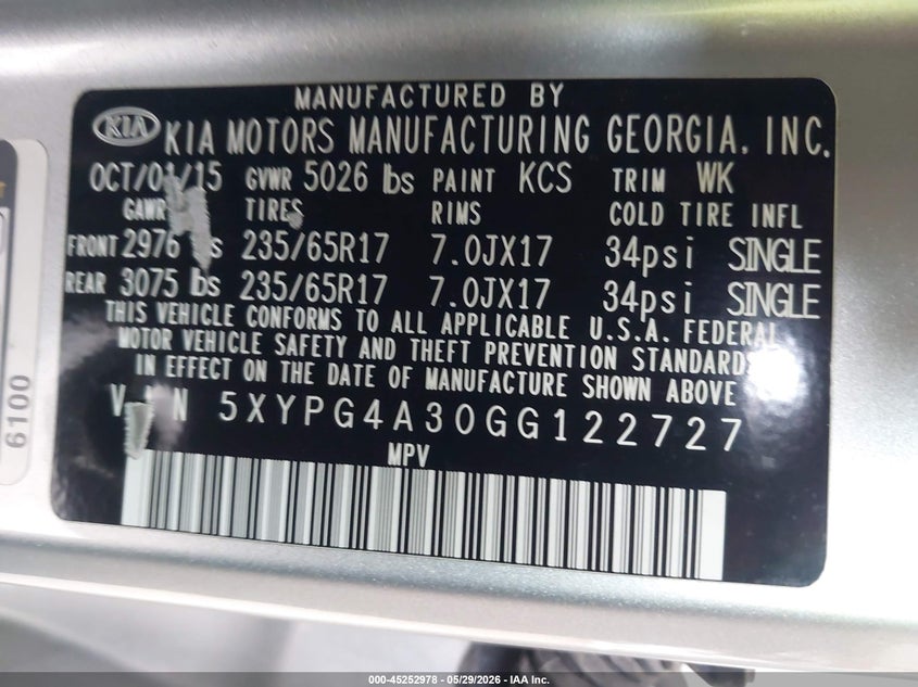 2016 Kia Sorento VIN 5XYPG4A30GG122727 IAAI salvage auction — REAR END, Salvage Title, sold $775 on 2026-07-21 (photo 9)