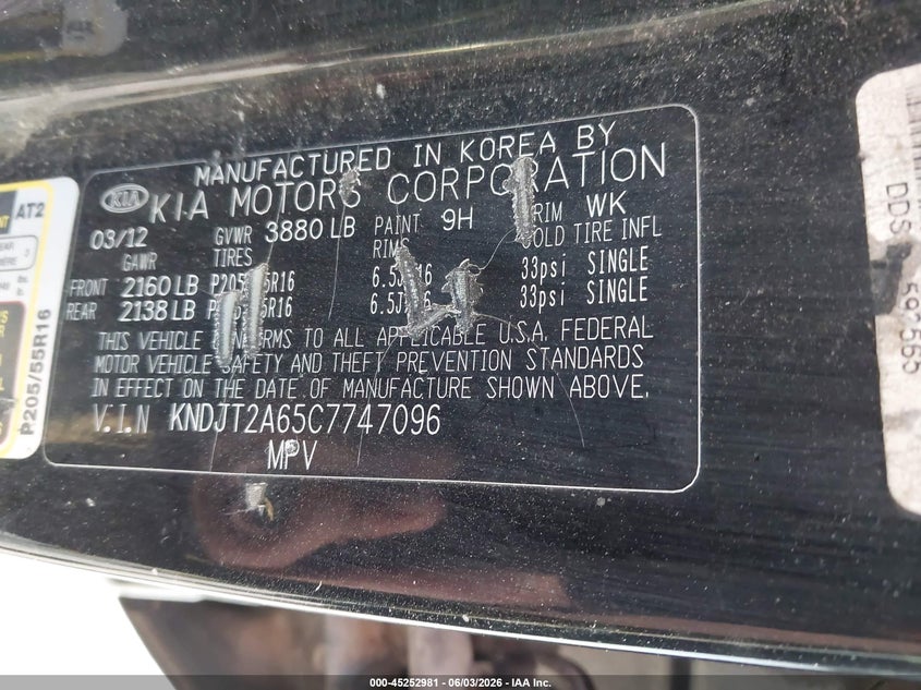 2012 Kia Soul VIN KNDJT2A65C7747096 IAAI salvage auction — FRONT END, Salvage Title, sold $650 on 2026-07-14 (photo 9)