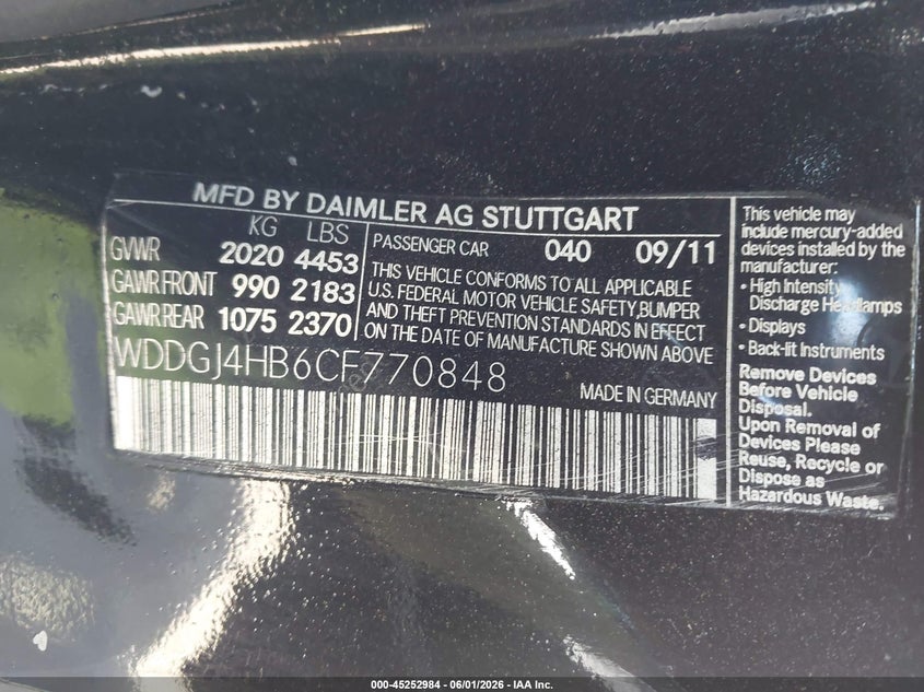 2012 Mercedes-benz C-klasse VIN WDDGJ4HB6CF770848 IAAI salvage auction — LEFT & RIGHT, Salvage Title, sold $1,125 on 2026-07-08 (photo 9)