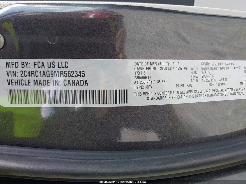 2021 Chrysler Voyager VIN 2C4RC1AG9MR562345 IAAI salvage auction — HAIL, Salvage Title, sold $7,550 on 2026-07-13 (photo 9)