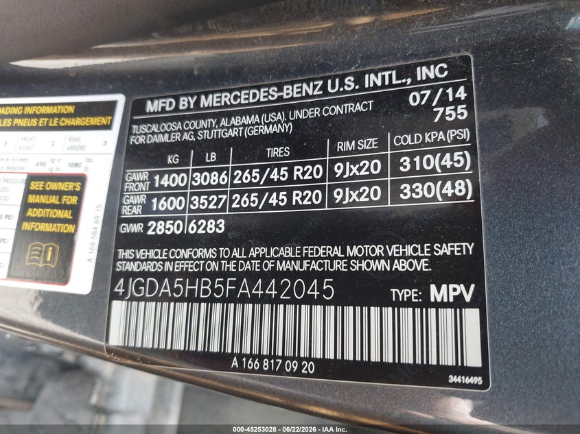 2015 Mercedes-benz M-klasse VIN 4JGDA5HB5FA442045 IAAI salvage auction — RIGHT SIDE, Salvage (Montana), sold $4,300 on 2026-07-22 (photo 9)