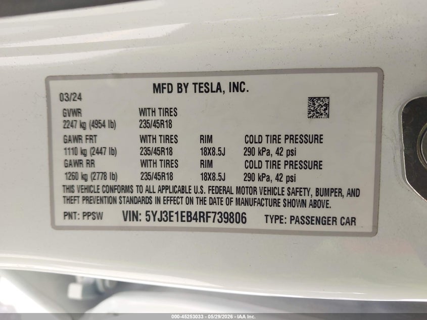 2024 Tesla Model 3 VIN 5YJ3E1EB4RF739806 IAAI salvage auction — RIGHT FRONT, Salvage Title, sold $14,600 on 2026-08-01 (photo 9)