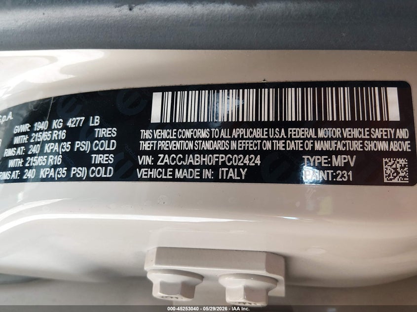 2015 Jeep Renegade VIN ZACCJABH0FPC02424 IAAI salvage auction — LEFT SIDE, Salvage (Louisiana), sold $1,450 on 2026-07-29 (photo 9)