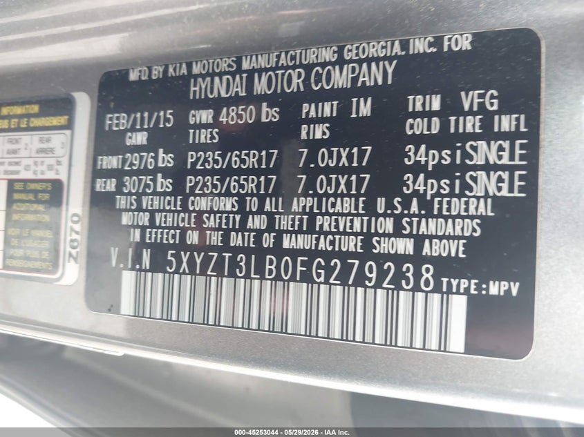 2015 Hyundai Santa fe VIN 5XYZT3LB0FG279238 IAAI salvage auction — LEFT FRONT, Salvage Title, sold $1,475 on 2026-07-15 (photo 9)
