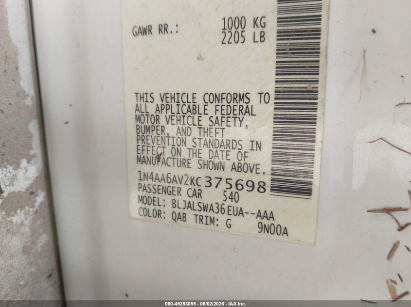 2019 Nissan Maxima VIN 1N4AA6AV2KC375698 IAAI salvage auction — WATER/FLOOD, Salvage (Mississippi), sold $7,100 on 2026-07-31 (photo 9)
