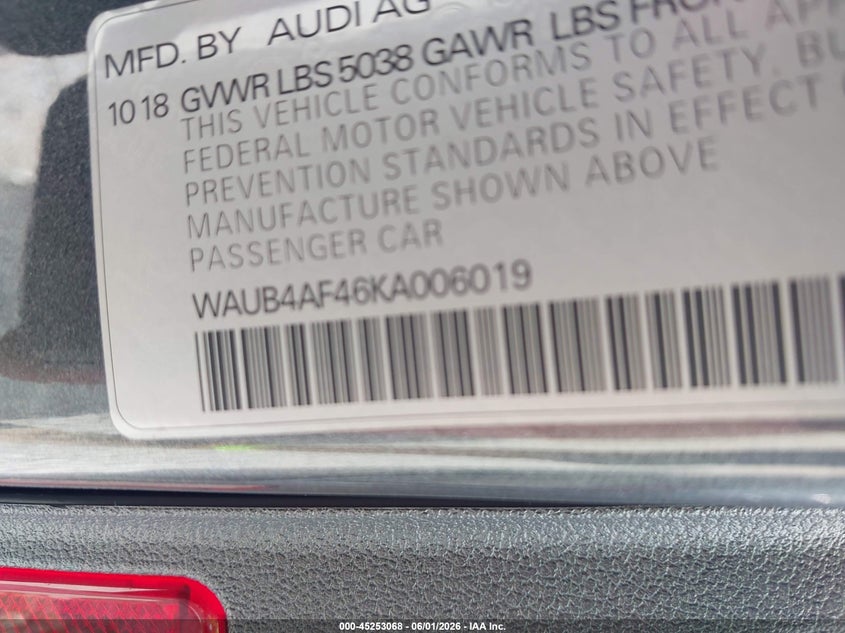 2019 Audi S4 VIN WAUB4AF46KA006019 IAAI salvage auction — REAR END, Salvage Title, sold $8,200 on 2026-08-28 (photo 9)