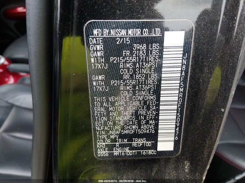 2015 Nissan Juke VIN JN8AF5MR0FT509476 IAAI salvage auction — REAR END, Salvage Title, sold $275 on 2026-07-10 (photo 9)