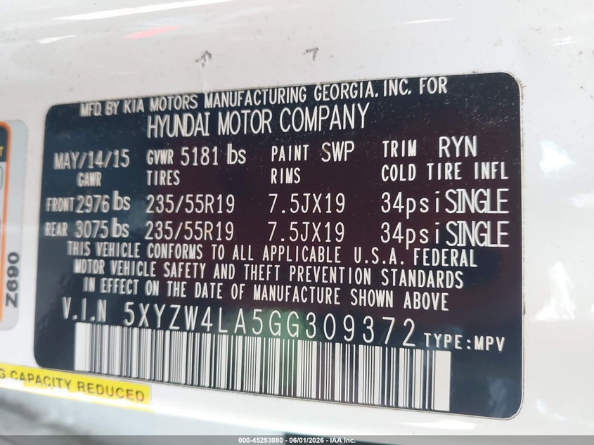 2016 Hyundai VIN 5XYZW4LA5GG309372 IAAI salvage auction — FRONT END, Salvage Title, sold $625 on 2026-07-15 (photo 9)