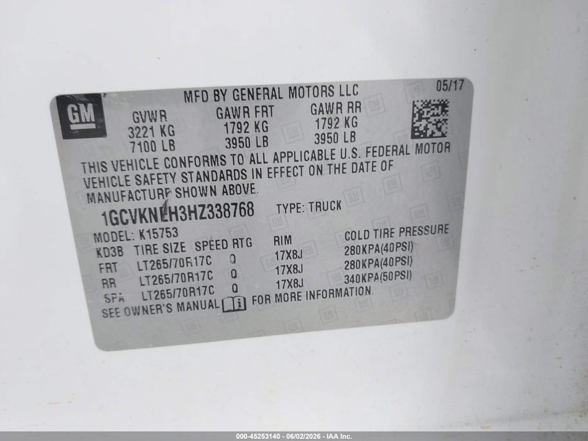 2017 Chevrolet Silverado 1500 VIN 1GCVKNEH3HZ338768 IAAI salvage auction — REAR END, Sf97 (Missouri), sold $25 on 2026-07-09 (photo 9)