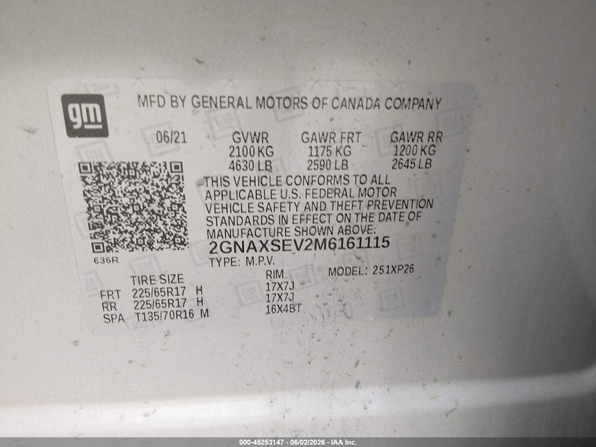 2021 Chevrolet Equinox VIN 2GNAXSEV2M6161115 IAAI salvage auction — NORMAL WEAR, Sf97 (Missouri), sold $7,375 on 2026-07-09 (photo 9)