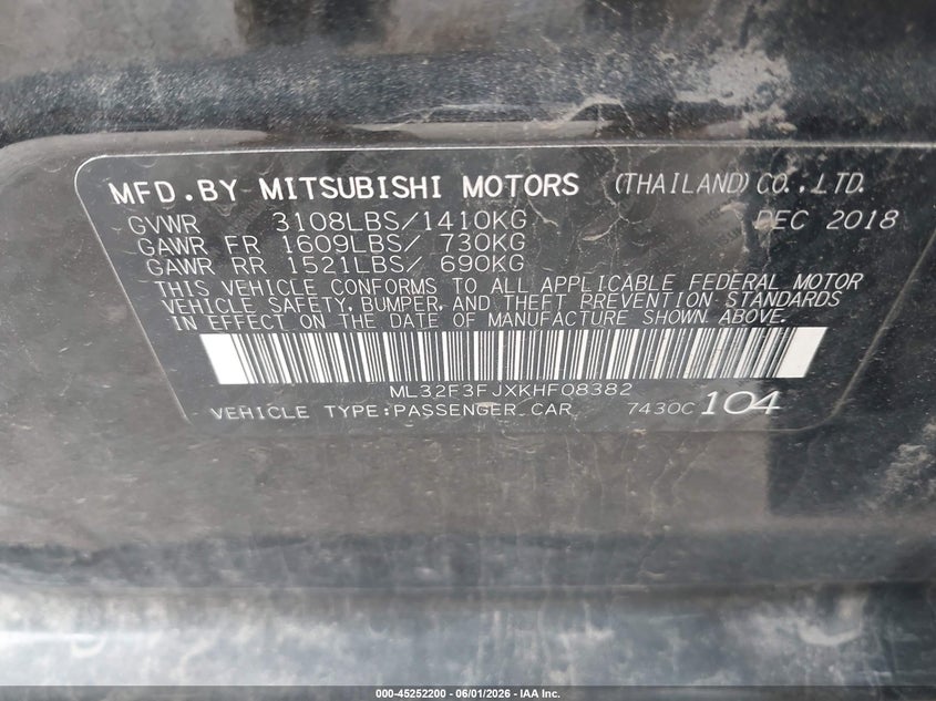 2019 Mitsubishi Mirage VIN ML32F3FJXKHF08382 IAAI salvage auction — FRONT & REAR, Clear (Indiana), sold $1,600 on 2026-07-08 (photo 9)