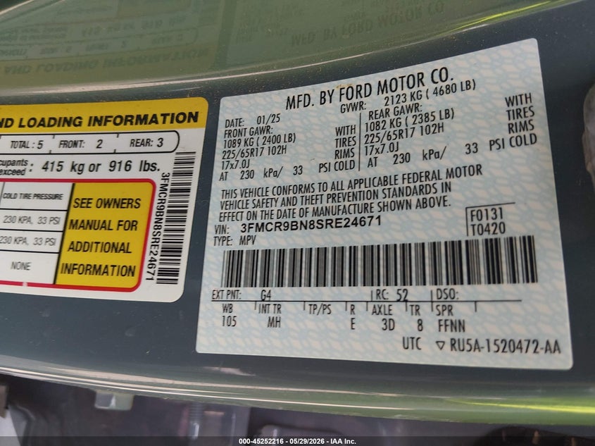 2025 Ford Bronco sport VIN 3FMCR9BN8SRE24671 IAAI salvage auction — FRONT END, Salvage Title, sold $6,600 on 2026-07-29 (photo 9)