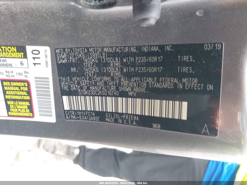 2019 Toyota Sienna VIN 5TDKZ3DC2KS016740 IAAI salvage auction — FRONT END, Salvage Title, sold $3,650 on 2026-07-28 (photo 9)