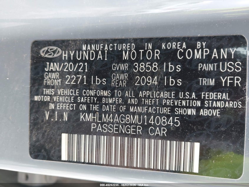 2021 Hyundai Elantra VIN KMHLM4AG8MU140845 IAAI salvage auction — RIGHT FRONT, Salvage (Georgia), sold $4,350 on 2026-07-22 (photo 9)