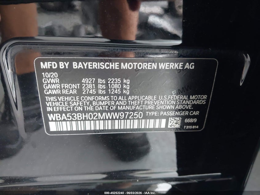 2021 BMW 5er VIN WBA53BH02MWW97250 IAAI salvage auction — FRONT END, Salvage Title, sold $7,400 on 2026-08-07 (photo 9)