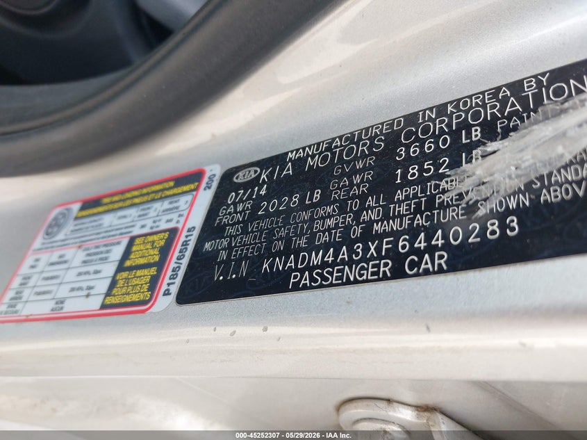 2015 Kia Rio VIN KNADM4A3XF6440283 IAAI salvage auction — NORMAL WEAR, Original (Texas), sold $650 on 2026-07-06 (photo 9)