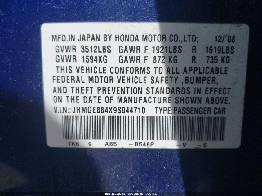 2009 Honda Fit VIN JHMGE884X9S044710 IAAI salvage auction — RIGHT SIDE, Salvage (Massachusetts), sold $1,000 on 2026-07-14 (photo 9)
