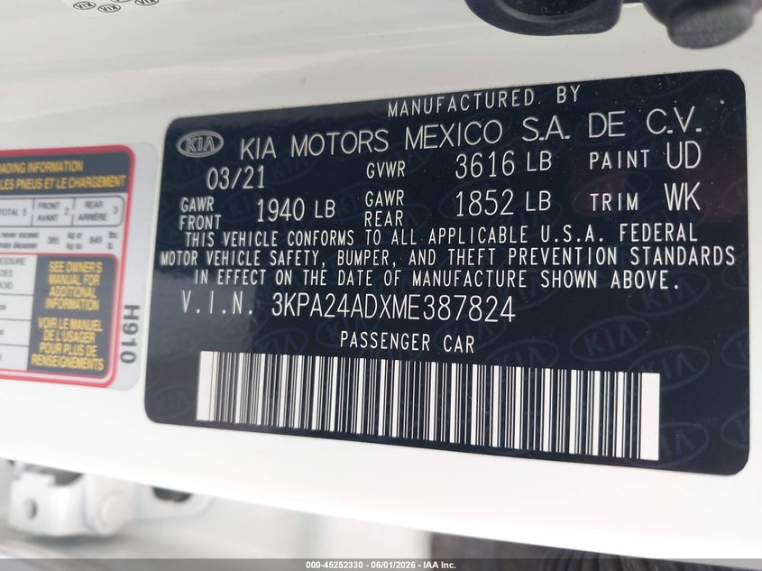 2021 Kia Rio VIN 3KPA24ADXME387824 IAAI salvage auction — FRONT END, Salvage Title, sold $1,250 on 2026-07-22 (photo 9)