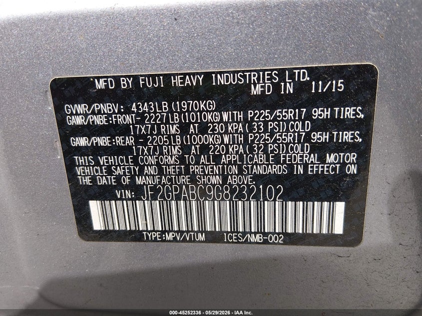 2016 Subaru Xv VIN JF2GPABC9G8232102 IAAI salvage auction — SIDE, Salvage Title, sold $550 on 2026-07-24 (photo 9)