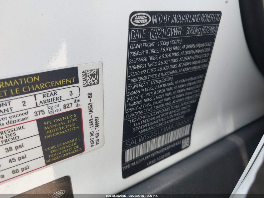 2021 Land rover Range rover sport VIN SALWG2SU3MA788587 IAAI salvage auction — REAR END, Salvage Title, sold $11,700 on 2026-08-02 (photo 9)