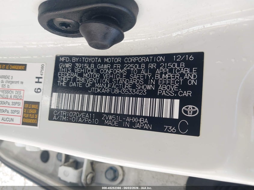2017 Toyota Prius VIN JTDKARFU8H3533423 IAAI salvage auction — FRONT END, Salvage Title, sold $4,150 on 2026-07-07 (photo 9)