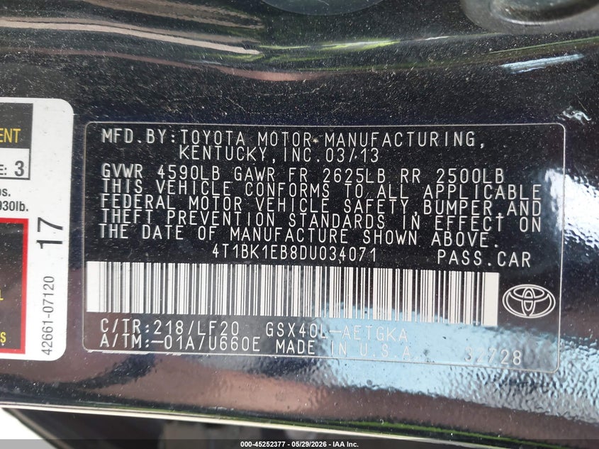 2013 Toyota Avalon VIN 4T1BK1EB8DU034071 IAAI salvage auction — FRONT END, Salvage Title, sold $975 on 2026-07-20 (photo 9)