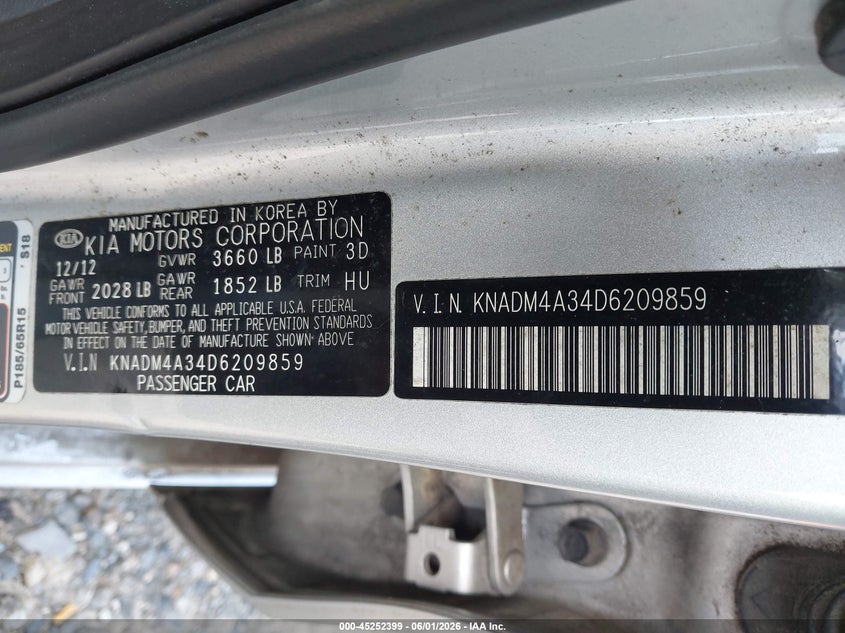 2013 Kia Rio VIN KNADM4A34D6209859 IAAI salvage auction — REAR END, Salvage Title, sold $750 on 2026-07-16 (photo 9)
