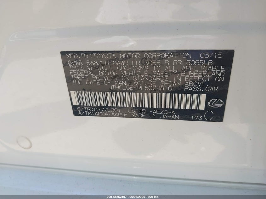 2015 Lexus Ls VIN JTHCL5EF9F5024810 IAAI salvage auction — FRONT END, Salvage (New Hampshire), sold $4,900 on 2026-08-02 (photo 9)