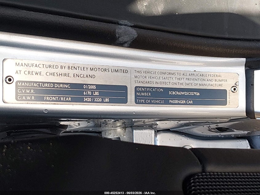 2005 Bentley Continental VIN SCBCR63W25C027926 IAAI salvage auction — FRONT END, Salvage (North Carolina), sold $7,100 on 2026-07-29 (photo 9)