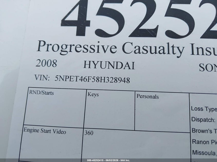 2008 Hyundai Sonata VIN 5NPET46F58H328948 IAAI salvage auction — ROLLOVER, Clear (Montana), sold $150 on 2026-07-15 (photo 9)