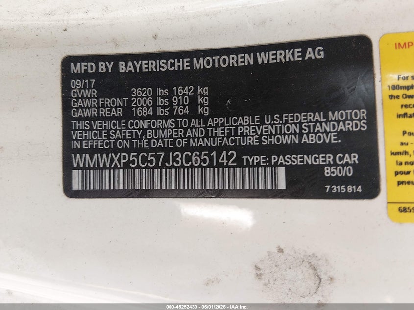 2018 Mini VIN WMWXP5C57J3C65142 IAAI salvage auction — FRONT END, Salvage Title, sold $1,900 on 2026-07-06 (photo 9)