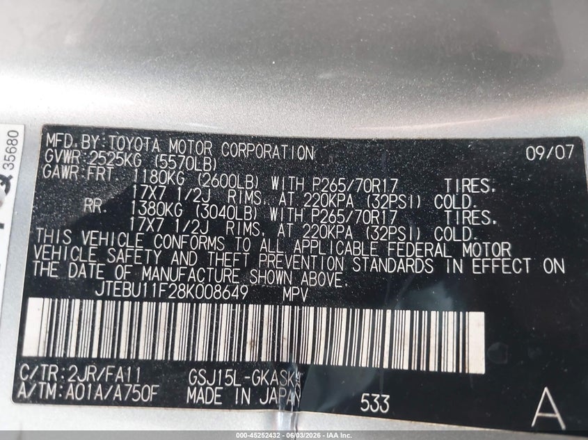 2008 Toyota Fj cruiser VIN JTEBU11F28K008649 IAAI salvage auction — FRONT END, Original (Texas), sold $4,450 on 2026-07-08 (photo 9)