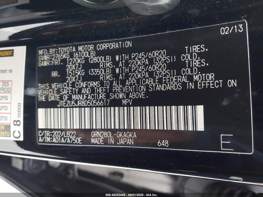 2013 Toyota 4runner VIN JTEZU5JR8D5056617 IAAI salvage auction — FRONT END, Salvage Title, sold $4,750 on 2026-07-29 (photo 9)