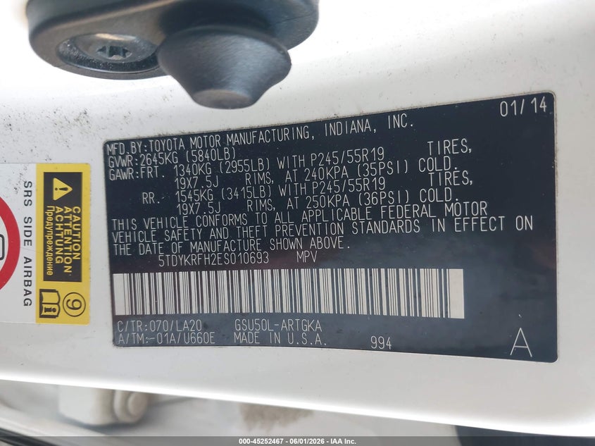 2014 Toyota Highlander VIN 5TDYKRFH2ES010693 IAAI salvage auction — FRONT END, Salvage Title, sold $2,600 on 2026-07-07 (photo 9)