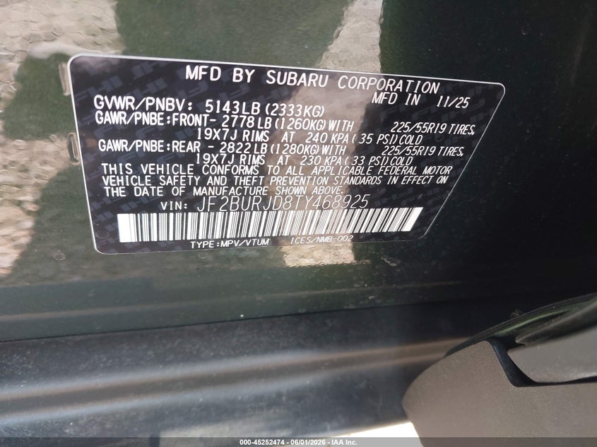 2026 Subaru Outback VIN JF2BURJD8TY468925 IAAI salvage auction — HAIL, Salvage Title, sold $27,650 on 2026-07-06 (photo 9)