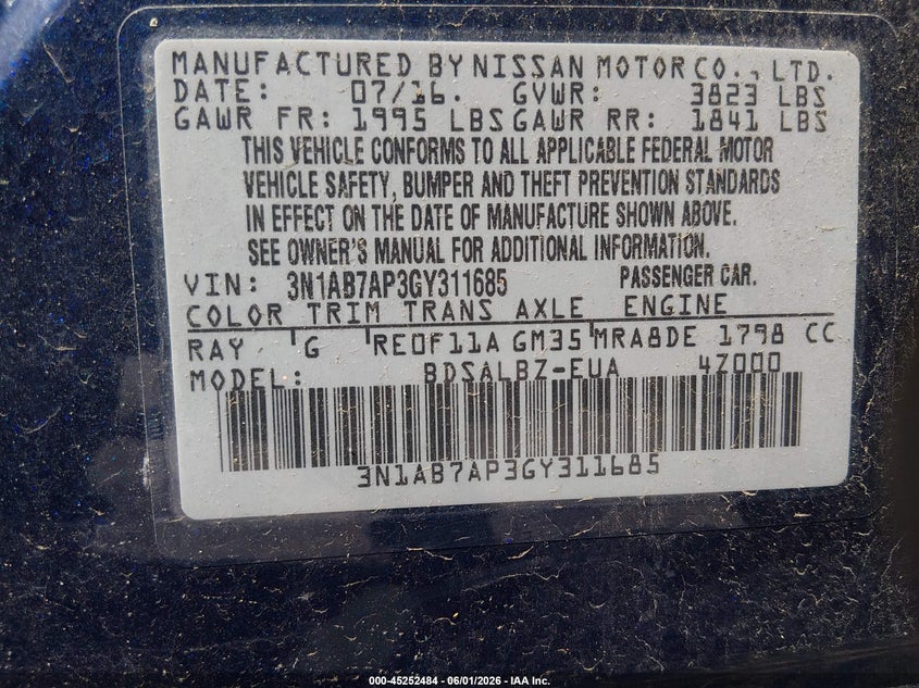 2016 Nissan Sentra VIN 3N1AB7AP3GY311685 IAAI salvage auction — REAR END, Salvage Title, sold $1,050 on 2026-07-17 (photo 9)