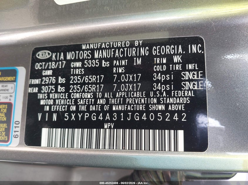 2018 Kia Sorento VIN 5XYPG4A31JG405242 IAAI salvage auction — FRONT END, Salvage Title, sold $1,000 on 2026-07-09 (photo 9)