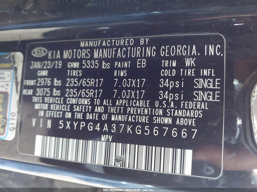 2019 Kia Sorento VIN 5XYPG4A37KG567667 IAAI salvage auction — LEFT SIDE, Salvage Title, sold $2,850 on 2026-07-29 (photo 9)