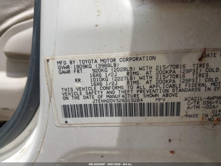 2002 Toyota Rav 4 VIN JTEHH20V326019284 IAAI salvage auction — NORMAL WEAR, Clear (Tennessee), sold $475 on 2026-07-16 (photo 9)