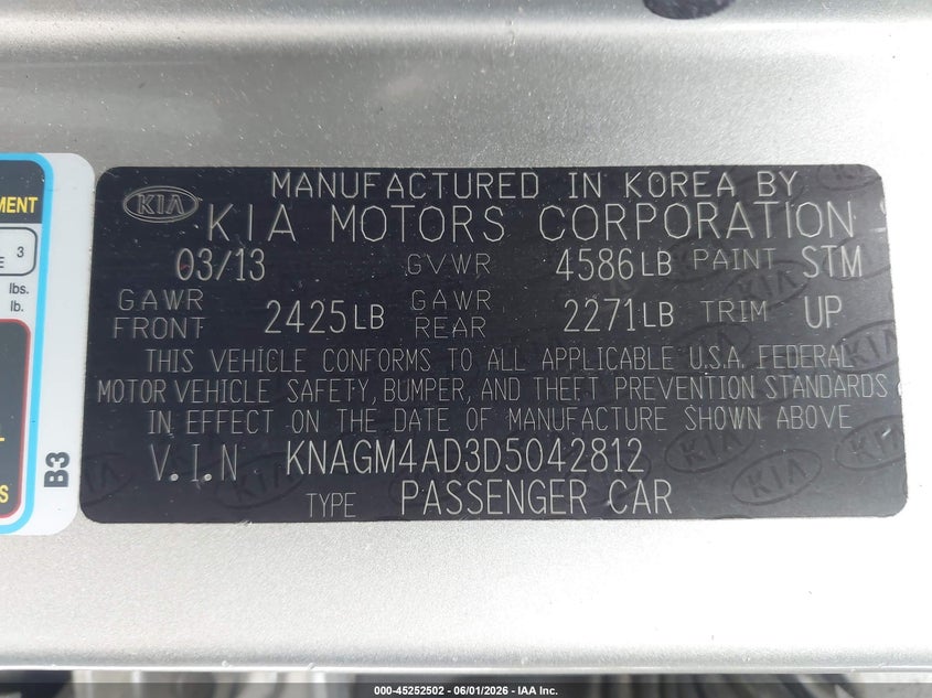 2013 Kia Optima VIN KNAGM4AD3D5042812 IAAI salvage auction — FRONT END, Salvage Title, sold $700 on 2026-07-10 (photo 9)