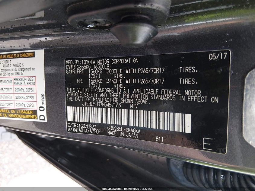 2017 Toyota 4runner VIN JTEBU5JR7H5457163 IAAI salvage auction — FRONT END, Salvage Title, sold $12,300 on 2026-07-14 (photo 9)