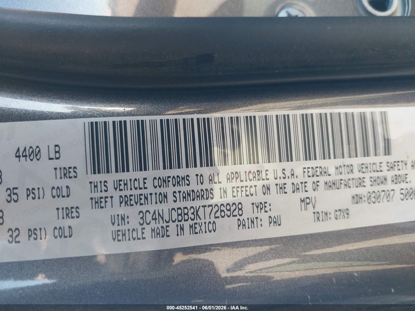 2019 Jeep Compass VIN 3C4NJCBB3KT726928 IAAI salvage auction — REAR END, Salvage Title, sold $1,900 on 2026-07-22 (photo 9)
