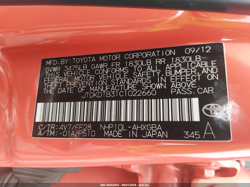 2012 Toyota Prius c VIN JTDKDTB31C1022660 IAAI salvage auction — RIGHT REAR, Salvage Title, sold $1,250 on 2026-07-29 (photo 9)