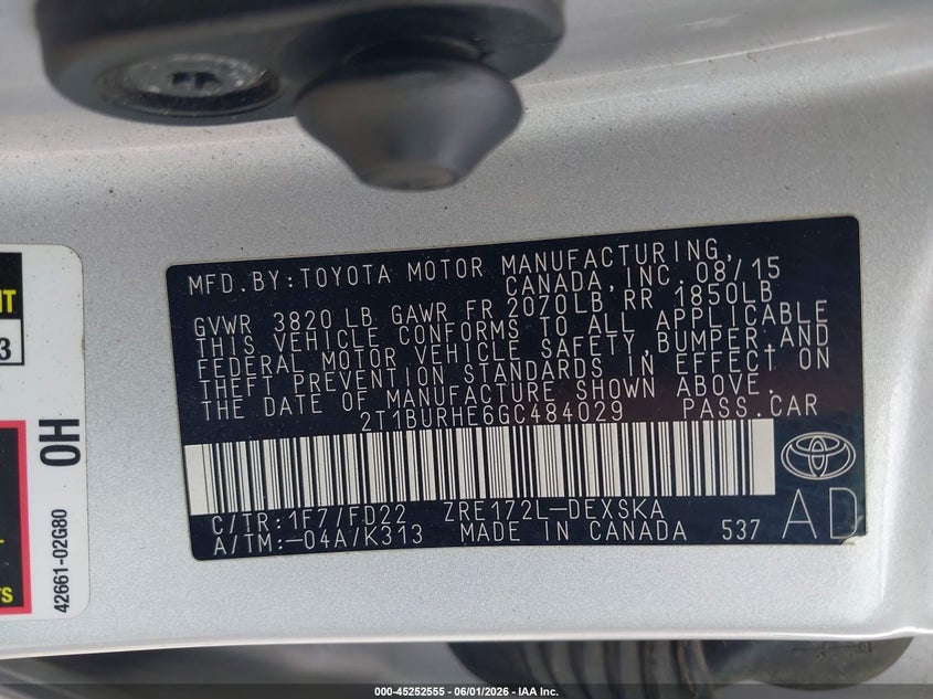 2016 Toyota Corolla VIN 2T1BURHE6GC484029 IAAI salvage auction — RIGHT FRONT, Salvage Title, sold $1,400 on 2026-07-17 (photo 9)