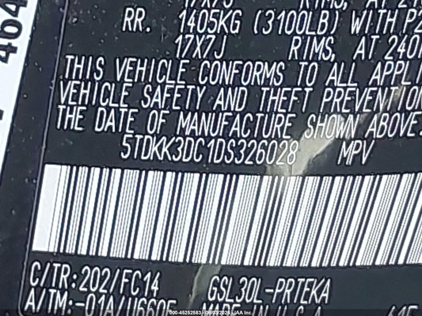 2013 Toyota Sienna VIN 5TDKK3DC1DS326028 IAAI salvage auction — FRONT & REAR, Salvage Title, sold $1,125 on 2026-07-14 (photo 9)