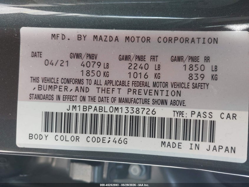 2021 Mazda 3 VIN JM1BPABL0M1338726 IAAI salvage auction — LEFT FRONT, Salvage Title, sold $5,100 on 2026-07-09 (photo 9)
