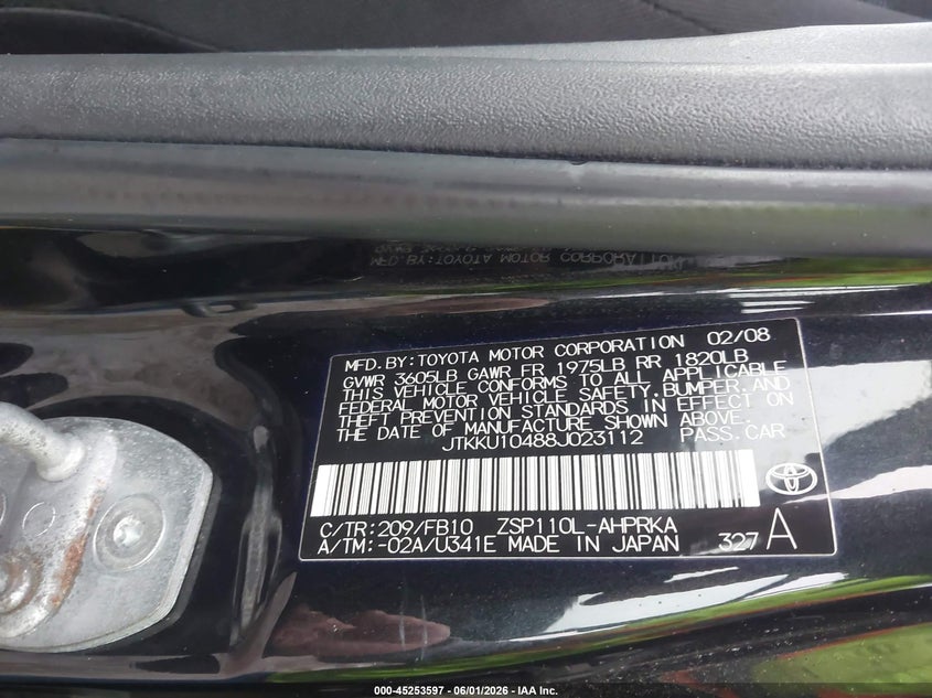 2008 Scion Xd VIN JTKKU10488J023112 IAAI salvage auction — RIGHT SIDE, Clear (Indiana), sold $800 on 2026-07-14 (photo 9)