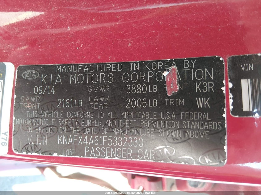 2015 Kia Forte VIN KNAFX4A61F5332330 IAAI salvage auction — FRONT END, Salvage Title, sold $550 on 2026-08-01 (photo 9)