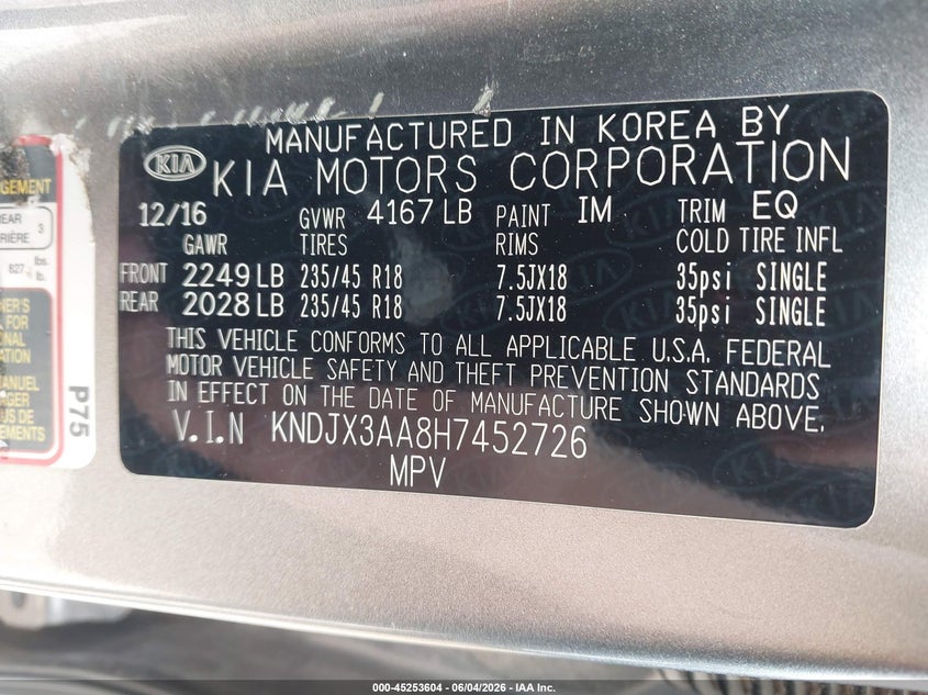 2017 Kia Soul VIN KNDJX3AA8H7452726 IAAI salvage auction — ENGINE DAMAGE, Salvage (Texas), sold $700 on 2026-07-28 (photo 9)